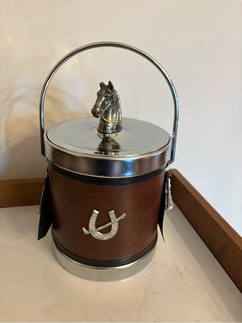 Vintage Equestrian Polo Faux Leather Ice Bucket with Horse Head Lid